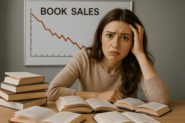 Gambar dihasilkan oleh Sora OpenAI, merupakan ilustrasi seorang penulis yang kebingungan karena penjualan buku yang terus menurun, banyaknya buku yang terbit tapi kualitasnya dipertanyakan.