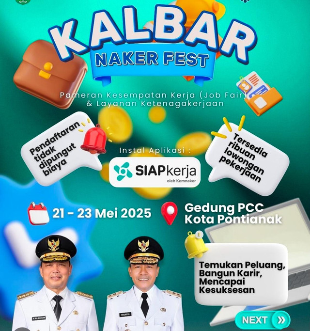 Kalbar Naker Fest yang akan digelar di PCC Pontianak pada 21-23 Mei 2025. Foto: Dok. Instagram @kalbar.disnakertrans
