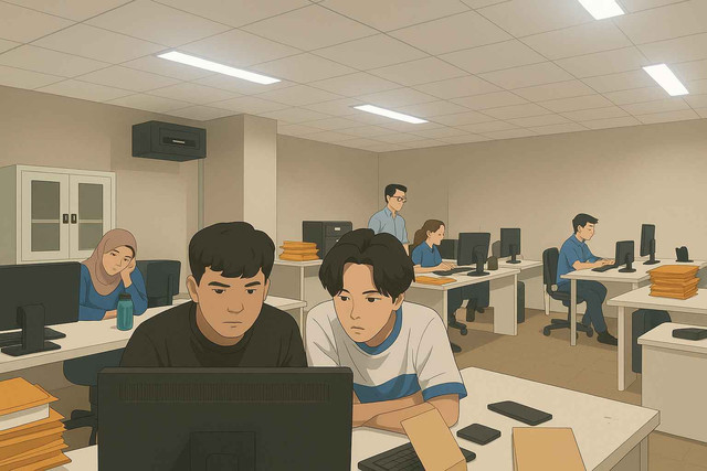 Ilustrasi sekelompok mahasiswa menjalani praktik langsung di laboratorium perkantoran, mempelajari teknologi digital untuk menunjang keterampilan administrasi modern. Edit photo by= chatgpt