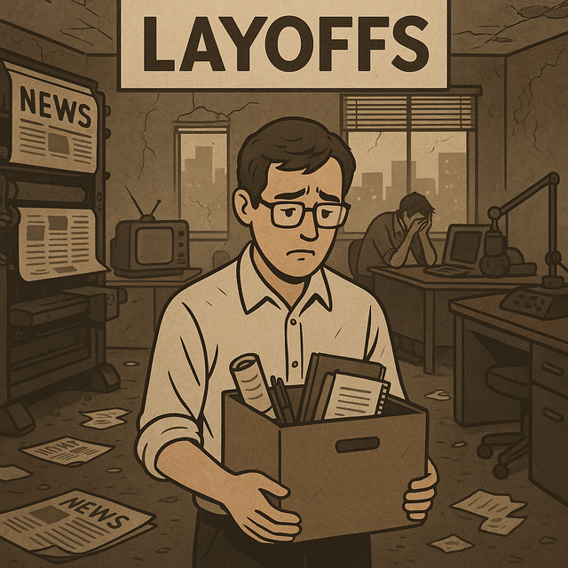 Ilustrasi seorang jurnalis membawa kardus barang pribadinya di ruang redaksi yang muram, menggambarkan gelombang PHK di industri media akibat krisis ekonomi dan disrupsi teknologi. Gambar AI.