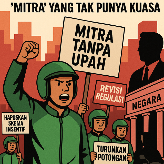 Ilustrasi: Protes Driver Ojol dan Tuntutan atas Ketidakadilan. Gambar adalah koleksi pribadi yang dibuat menggunakan Open AI