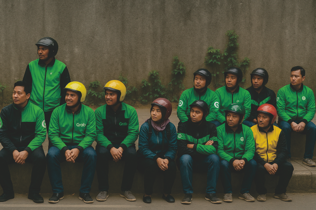 Pengemudi Ojek Online duduk beristirahat | Foto : Author