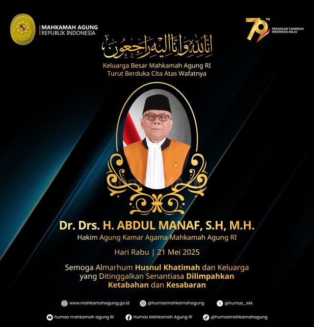 Kabar duka Hakim Agung Kamar Agama Mahkamah Agung, Dr. Drs. Abdul Manaf, M.H meninggal dunia. Foto: Dok. mahkamahagung