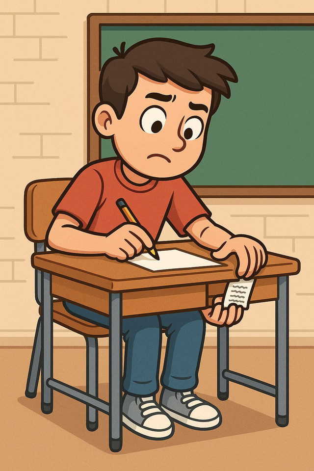 Gambar dibuat dengan bantuan AI (chatgpt.com): Ilustrasi seorang siswa yang duduk di bangku ujian dengan kertas kecil di bawah meja.