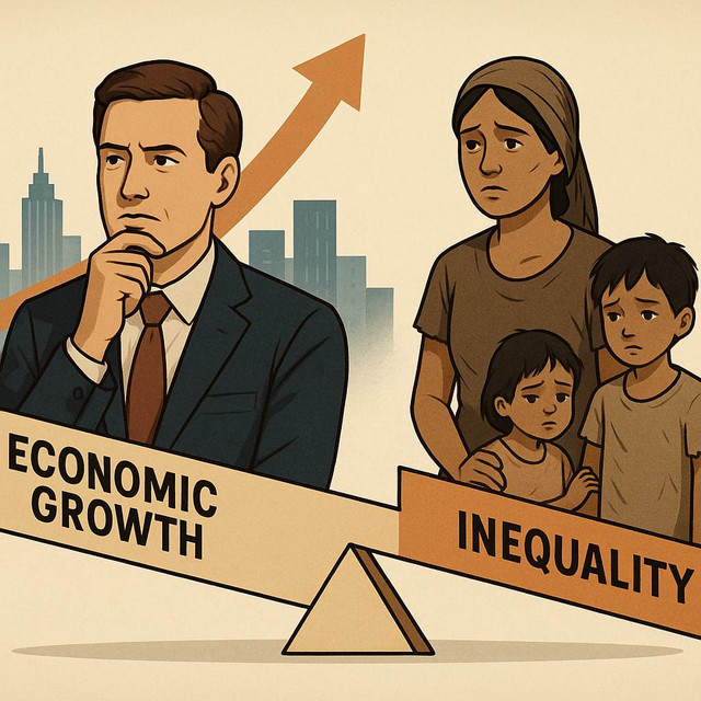 Gambar ini dibuat oleh saya, Timbangan dengan label “Economic Growth” dan “Inequality” memperjelas ketidakseimbangan antara kemajuan ekonomi dan pemerataan kesejahteraan.
