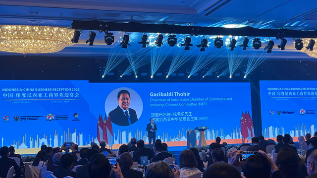 Ketua Komite Tiongkok Kamar Dagang dan Industri (Kadin) Indonesia, Garibaldi Thohir saat Indonesia - China Business Reception 2025 di Hotel Shangri-La Jakarta, Sabtu (24/5/2025). Foto: Fariza/kumparan