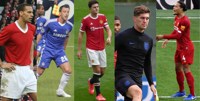Kumpulan bek tengah dari era 2000an hingga masa kini. (dari kiri): Rio Ferdinand, John Terry, Harry Maguire, John Stones, & Virgil Van Dijk. Sumber: commons.wikimedia.org