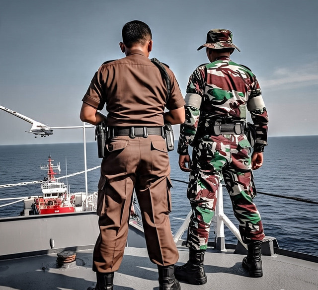 Ilustrasi razia gabungan di wilayah perairan; AI generated.