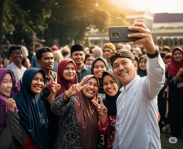 Ilustrasi Pemimpin di era digital selalu mengabadikan kegiatannya untuk media sosial. Gambar AI.