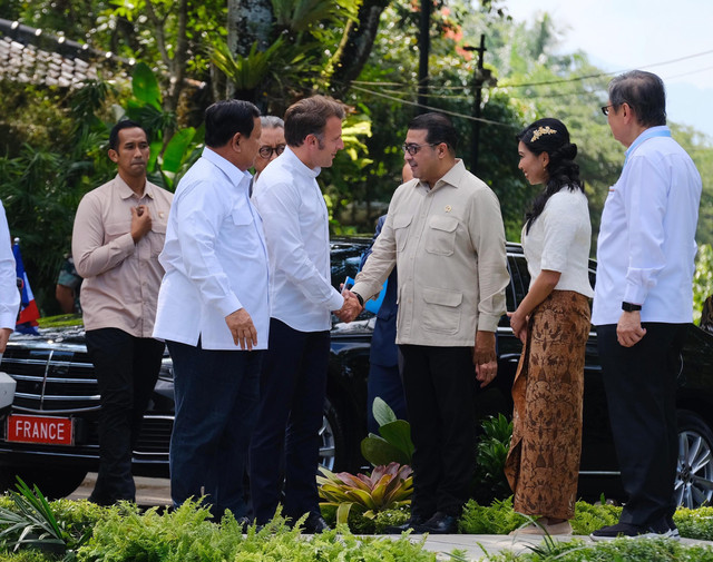 Menteri Ekonomi Kreatif Teuku Riefky Harsya menyambut Presiden Prancis Emmanuel Macron dan Presiden RI Prabowo Subianto saat mengunjungi Candi Borobudur, Jawa Tengah pada Kamis (29/5/2025). Foto: Dok.  Kementerian Ekonomi Kreatif Indonesia