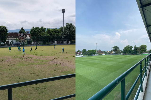 Kondisi Lapangan Karang di Kotagede, Yogya, sebelum dan setelah diperbaiki oleh Lestarindo. Foto: Dok Lestarindo, Resti Damayanti/Pandangan Jogja