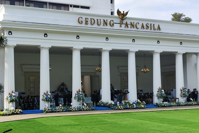 Suasana upacara Hari Lahir Pancasila di Gedung Pancasila Kemlu RI, Jakarta, Senin (2/6/2025). Foto: Luthfi Humam/kumparan