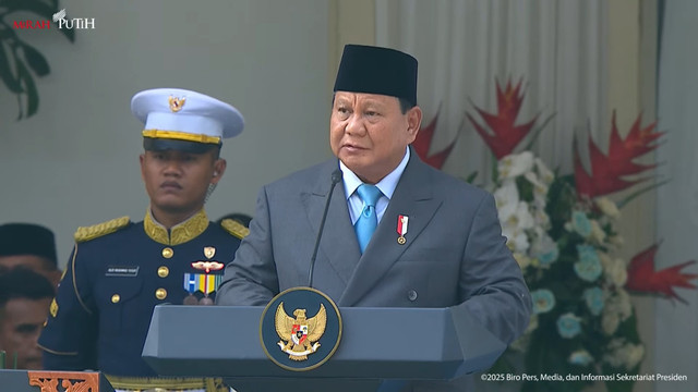 Presiden Prabowo Subianto menghadiri upacara Hari Lahir Pancasila di Gedung Pancasila Kemlu RI, Jakarta, Senin (2/6/2025). Foto: Youtube/Sekretariat Presiden