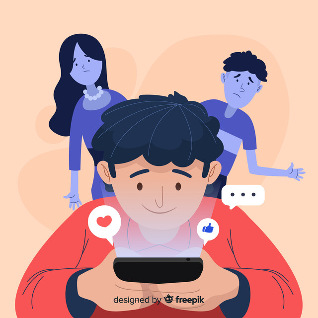Topeng Bahagia : Realita Emosi di Media Sosial by Freepik https://www.freepik.com/free-vector/flat-design-character-dependent-social-media_5380814.htm#fromView=search&page=1&position=3&uuid=272140f6-5e8a-4caa-85b0-e0834d2c12a9&query=topeng+emosi+di+media+sosial