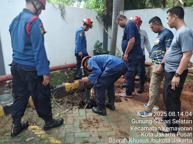 Petugas Damkar berusaha evakuasi sapi kurban yang terperosok ke sumur resapan di kawasan Kemayoran, Jakarta Pusat, Jumat (6/6). Foto: Dok. Istimewa