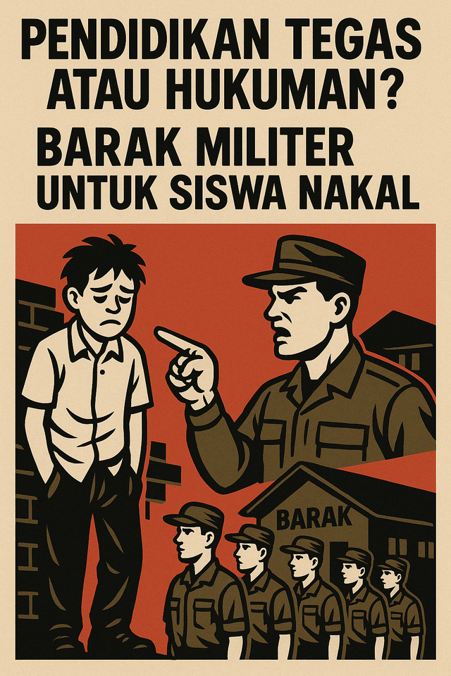 Ilustrasi ini menggambarkan perdebatan seputar usulan barak militer untuk siswa bermasalah. Di sisi kiri, seorang siswa tampak murung dan tak berdaya, sementara di sisi kanan, seorang pelatih militer menunjuk tegas ke arahnya, dengan barisan siswa lain yang sedang dilatih di depan barak. Gambar ini merepresentasikan dilema antara pendidikan tegas dan hukuman, serta pendekatan militeristik dalam pembinaan karakter remaja.Source:ChatGpt