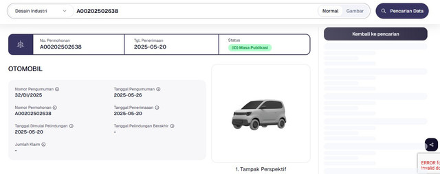 Visual paten kendaraan yang disinyalir sebagai mobil listrik mikro VinFast Minio Green di laman Pangkalan Data Kekayaan Intelektual (PDKI) Kemenkumham RI. Foto: PDKI Kemenkumham RI