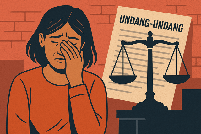 Ilustrasi seorang perempuan menutup wajahnya dengan tangan, tampak sedih, berlatar dokumen "Undang-Undang" dan timbangan hukum yang menggambarkan ketidakadilan. sumber : doc pribadi
