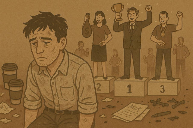 Ilustrasi seseorang yang berusaha dengan kejujuran, tetapi kalah saing dengan orang lain yang berusaha dengan kecurangan. Sumber foto: ChatGPT