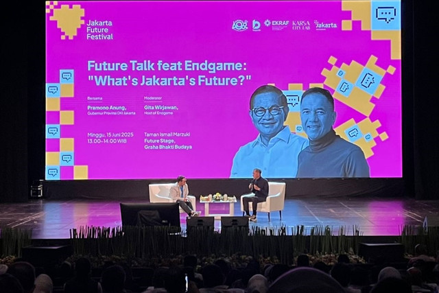 Gubernur Jakarta Pramono Anung menjadi pembicara di Future Talk fest Endgame:"What's Jakarta Future?" di Taman Ismail Marzuki, Jakarta, Minggu (15/6/2025). Foto: Haya Syahira/kumparan