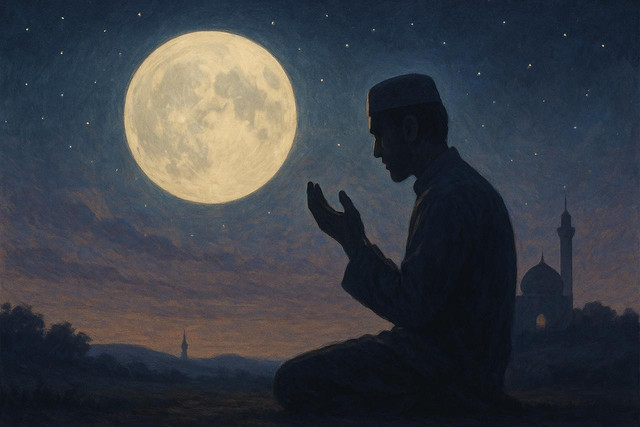 Ilustrasi spiritual malam hari: saat Ayyamul Bidh dan Asyura menjadi momen muhasabah bagi jiwa yang rindu kembali pada Allah.(Gambar AI original – tanpa pelanggaran hak cipta)