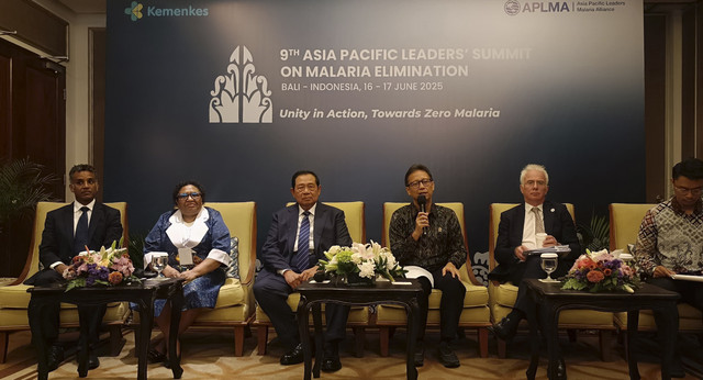 Menteri Kesehatan Budi Gunadi Sadikin dalam jumpa pers acara 9th Asia Pacific Leaders Summit on Malaria Elimination di Bali, Selasa (17/6/2025). Hadir juga mantan presiden SBY. Foto: Denita BR Matondang/kumparan