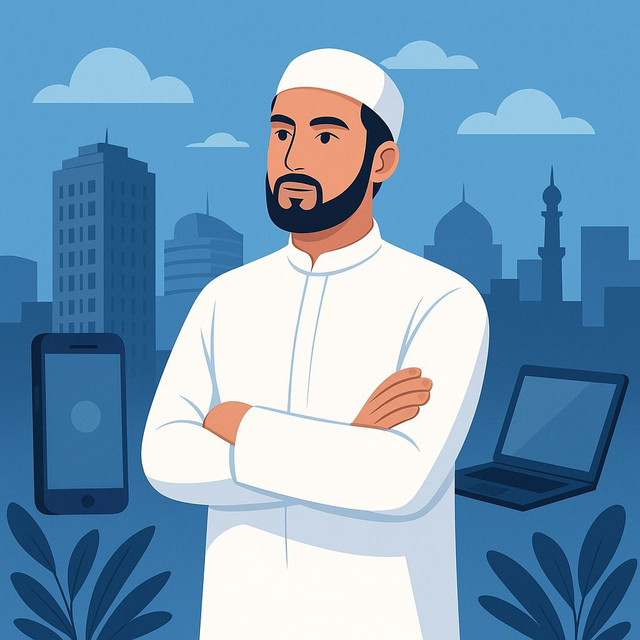 Nuansa gambar ini memadukan unsur spiritualitas dan modernitas, mencerminkan tema "Menjadi Muslim Seutuhnya di Tengah Derasnya Arus Dunia". Sorotan cahaya lembut memperkuat kesan reflektif dan damai. Gambar ini dibuat menggunakan teknologi AI (Artificial Intelligence) sebagai bentuk visualisasi kreatif untuk mendukung artikel reflektif. Meskipun bukan hasil foto nyata, ilustrasi ini dirancang agar menyentuh emosi dan menggugah pemahaman pembaca.