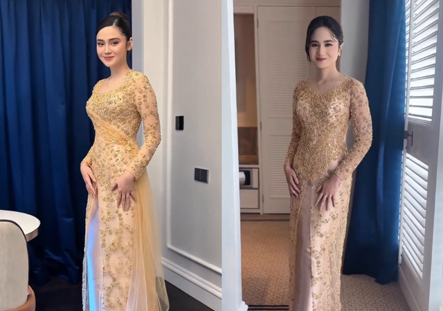 Penampilan Syifa dan Tissa dengan kebaya gold di momen akad niah Al Ghazali dan Alyssa. Foto: Instagram @askyfebrianti