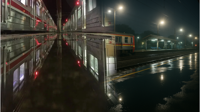 Ilustrasi genangan di stasiun commuter line setelah hujan