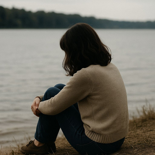Gambar ini menunjukan seorang perempuan yang sedang menyendiri di tepi danau. Gambar ini dibuat menggunakan AI.