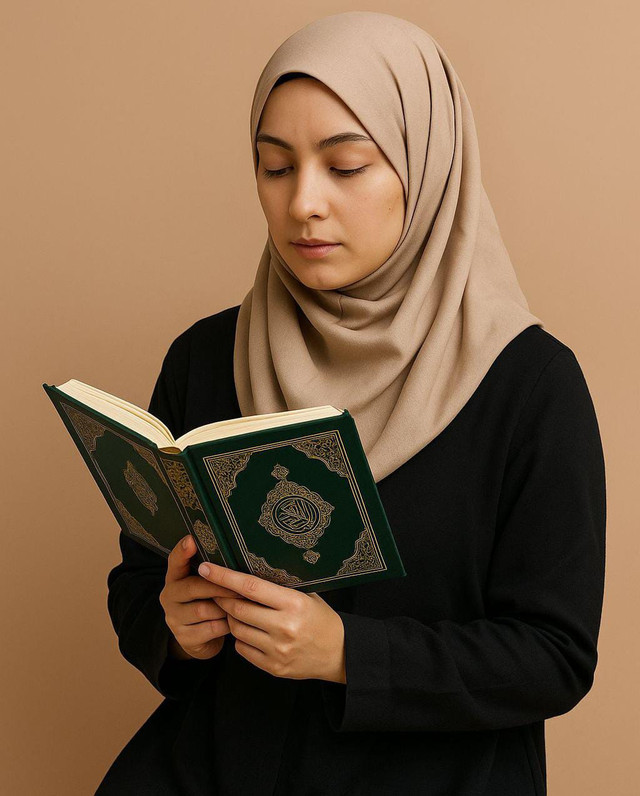 Gambar tersebut menampilkan seorang perempuan mengenakan hijab warna krem dan pakaian hitam, sedang memegang dan membaca Al-Qur'an dengan penuh khidmat. Gambar ini dihasilkan secara digital menggunakan teknologi AI generatif.