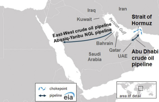 Peta Pipa Minyak Mentah Selat Hormuz. Foto: Dok. U.S Energy Information Administration