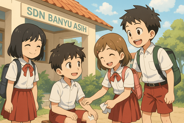 Ilustrasi AI oleh ChatGPT - OpenAI Ilustrasi anime yang menampilkan empat siswa SD sedang tersenyum dan saling membantu di halaman sekolah yang cerah. Suasana penuh kehangatan dan kebersamaan, menggambarkan pentingnya belajar empati sejak dini.