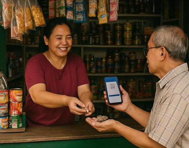 Gambar ini menunjukan interaksi di warung tradisonal, di mana pelanggan membayar dengan e-walet sambil tetap memegang uang receh. ini mencerminkan perpaduan antara teknologi digital dan budaya transaksi tunai yang masih kuat di masyarakat. Warung tetap jadi menjadi pilihan utama karena fleksibilitas, kedekataan sosial, dan kemudahan yang di tawarkan. Sumber gambar ini di ambil dari AI menggunakan teknologi DALL.E dari situs atau sumber exsternal.