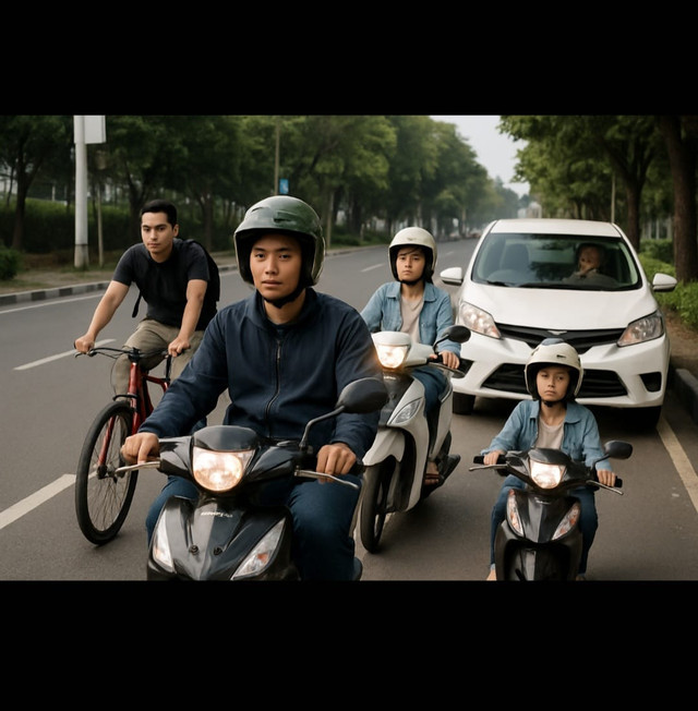 Foto: (Dokumen Pribadi) Ilustrasi tersebut menggambarkan situasi lalu lintas di jalan raya yang cukup padat dan tertib, di mana berbagai jenis kendaraan digunakan oleh para pengendara.