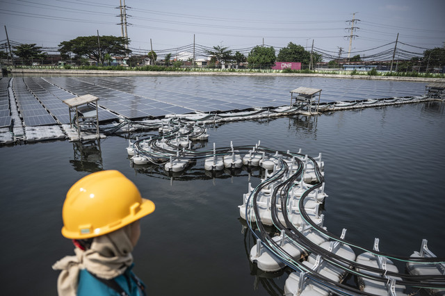 Petugas PLN berada di dekat area Pembangkit Listrik Tenaga Surya (PLTS) terapung Tambaklorok, Semarang, Jawa Tengah, Rabu (25/6/2025). Foto: Aprillio Akbar/ANTARA FOTO