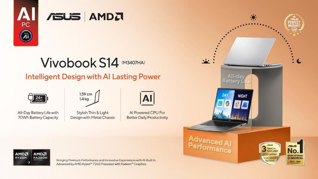 ASUS Vivobook S14 M3407HA dipersenjatai oleh prosesor Prosesor modern dengan arsitektur Zen 4 yang menjadikannya lebih dari sekadar laptop konvensional. Foto: dok, ASUS