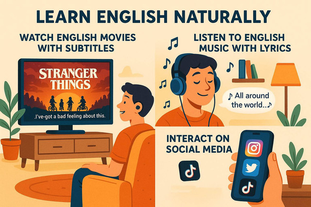 Deskripsi Gambar: Ilustrasi belajar bahasa Inggris secara alami melalui film, musik, dan media sosial dengan seseorang yang menonton film, mendengarkan musik memakai headphone, dan menggunakan ponsel untuk media sosial. Sumber: Gambar AI original