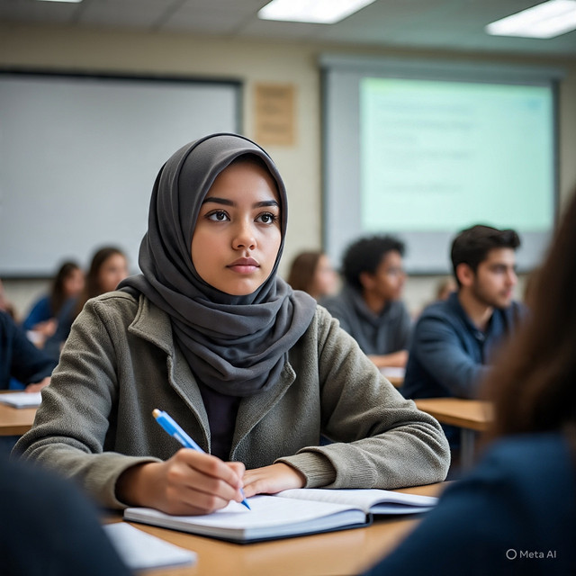iilustrasi seorang santriwati yang sedang mendalami dunia pendidikan di kota besar ( AI original)