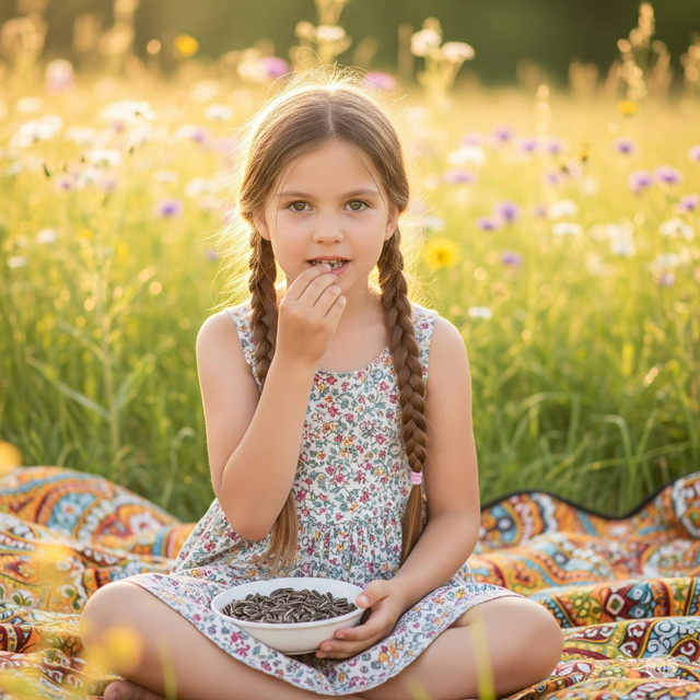 Gadis kecil sedang menyisil atau membuka kulit kuaci dengan gigi seri atas dan bawah serta kemudian memakan bijinya. (Sumber: Gemini AI)