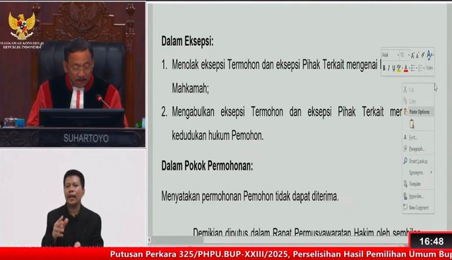 Sidang pengucapan putusan Perkara Perselisihan Hasil Pemilihan Umum (PHPU) Bupati dan Wakil Bupati Pesawaran Tahun 2025 yang diajukan Pasangan Calon (Paslon) Nomor Urut 1 Supriyanto–Suriansyah Rhalieb | Foto: Tangkap layar YouTube MK RI