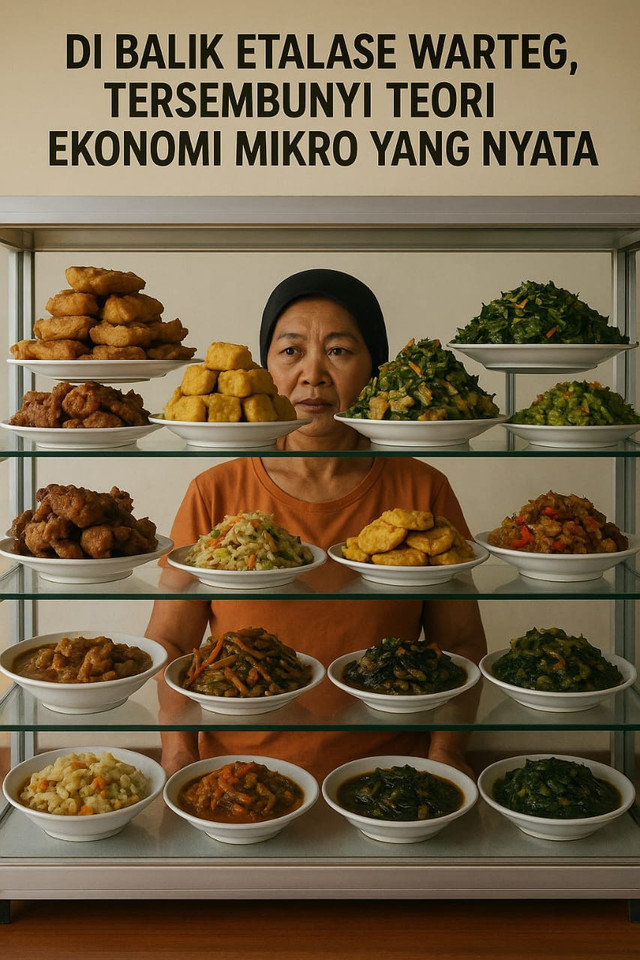 Gambar ini menggambarkan seorang ibu penjual di warteg yang berdiri di balik etalase berisi berbagai lauk pauk. Judul "Di Balik Etalase Warteg, Tersembunyi Teori Ekonomi Mikro yang Nyata" mencerminkan bahwa aktivitas sehari-hari di warteg mengandung prinsip-prinsip ekonomi mikro seperti, permintaan, penawaran, harga, biaya produksi, konsunen, dan produsen. Sumber gambar ini di buat oleh kecerdasaan buatan menggunakan model DALL.E dari OpenAI.