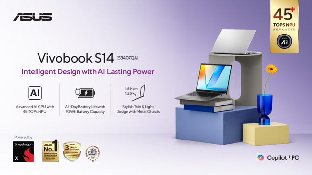 ASUS Vivobook S14 (S3407QA) sebagai laptop ringan canggih dengan kemampuan AI yang mampu bertahan satu. Foto: Dok. Istimewa