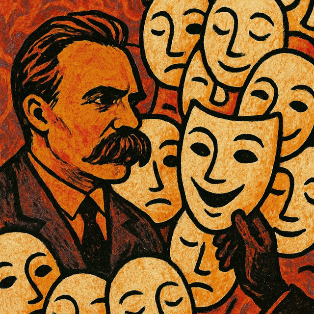Sumber: gemini.google.com/Ilustasi Friedrich Nietzsche dan Topeng-Topeng