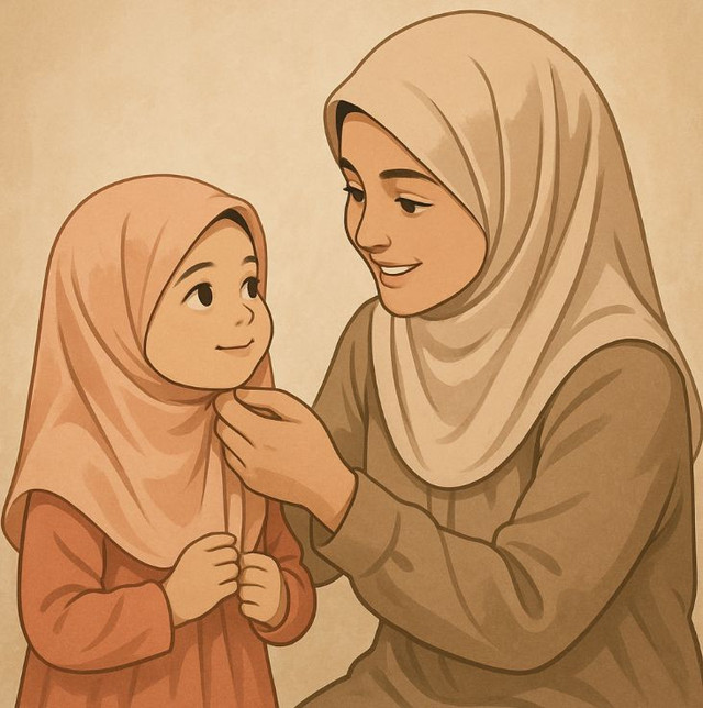 ilustrasi seorang ibu memakaikan kerudung kepada anak perempuannya. dok pribadi