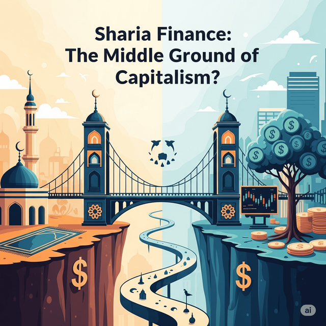 Ilustrasi Mengenai Keuangan Syariah Sebagai Jalan Tengah Sistem Kapitalisme. Sumber : oleh Gemini AI