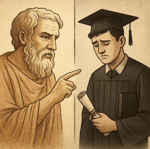 Epictetus memberi nasihat kepada sarjana muda yang gelisah (Sumber AI)