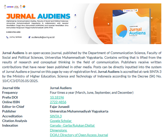 Tangkapan layar halaman informasi Jurnal Audiens, jurnal ilmiah bidang komunikasi terbitan Universitas Muhammadiyah Yogyakarta.