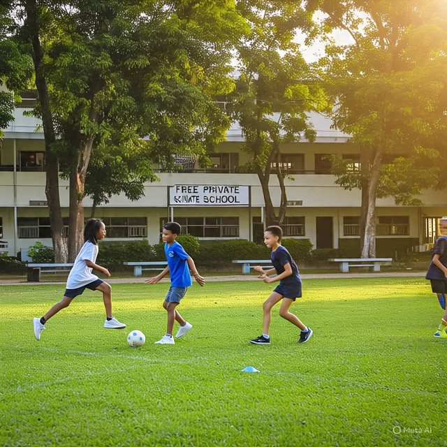 Ilustrasi Anak sekolah sedang main Bola di Halaman sekolah. Sumber Foto: Meta Ai