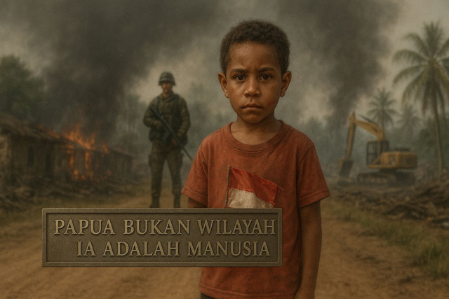 Ilustrasi AI seorang anak Papua berdiri memegang bendera sobek, dengan latar tentara bersenjata dan desa yang terbakar. Di tengahnya tertulis: “Papua bukan wilayah. Ia adalah manusia.” sumber: Dihasilkan oleh AI
